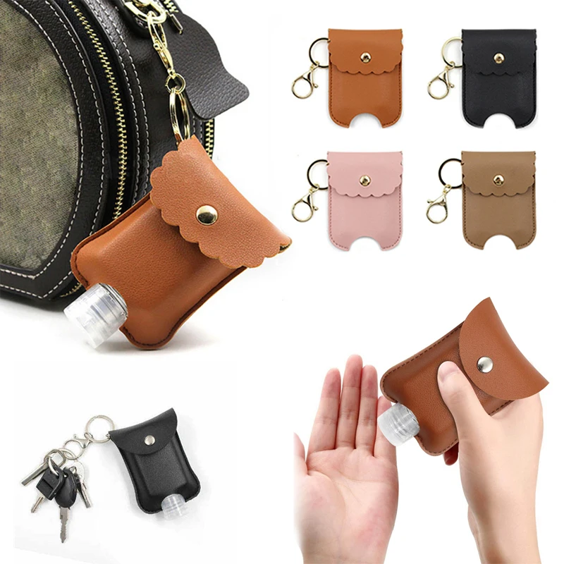 

Leather Key Chain Portable Travel Outdoor Keychains with 60Ml Bottle Hand Sanitizer Holder Black Khaki Keychain Plastic Bottles