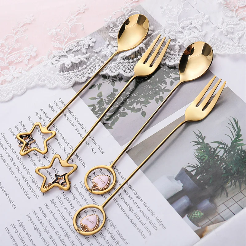 

Pendant Heart-shaped Coffee Stirring Creative Stainless Steel Spoon Golden Cute Dessert Fruit Fork Tableware Set Xmas Gift