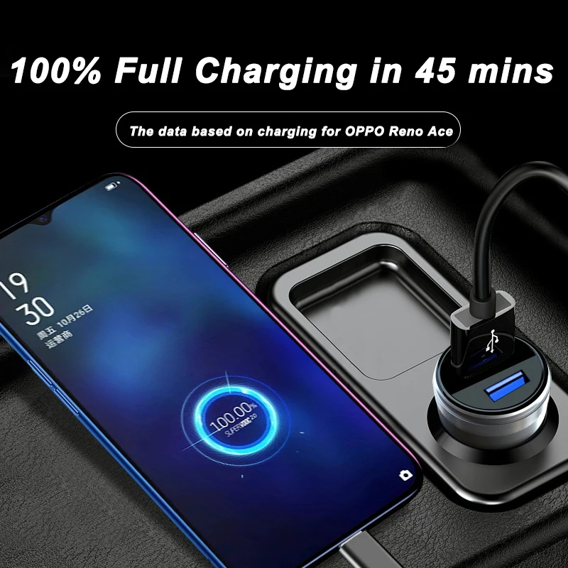65W SUPERVOOC 2.0 Car Charger Fast Car Charging Type-C Cable For OPPO Find X2 Pro Reno 5 5G 3 4 Pro Ace 2 X20 Realme X50Pro RX17