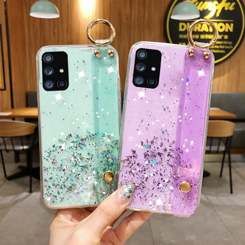 Блестящий чехол с ремешком на запястье для Samsung Galaxy A51 5G A71 A21S A31 A50 M31 A11 A41 A81 S20 Ultra Note