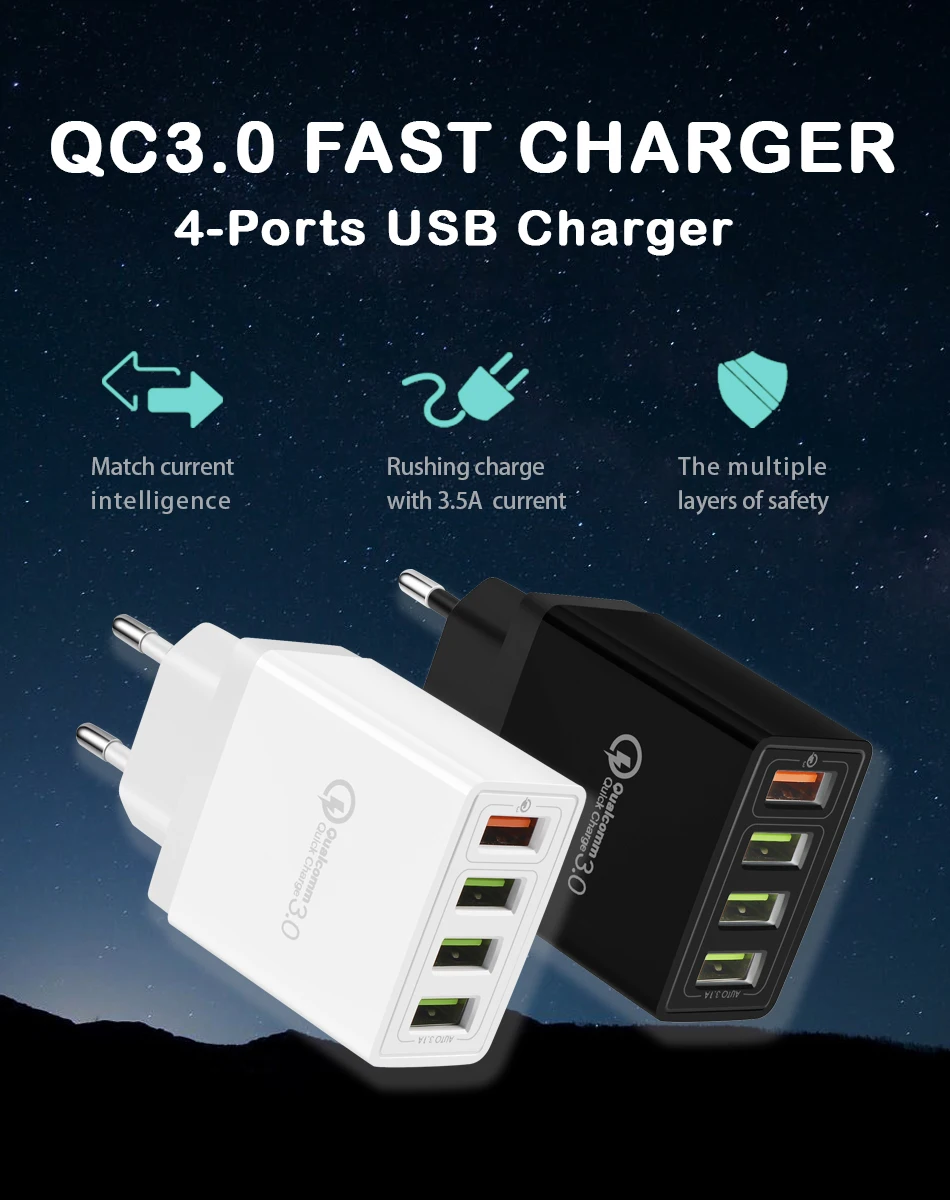 Зарядное устройство USB 4 порта Quick Charge 3,0 для Samsung iPhone XiaoMi настенный мобильный телефон Универсальный адаптер Быстрая зарядка 4,0 CinkeyPro