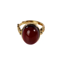 s925 sterling silver gold plated natural blood amber ring retro personality and minimalism egg noodles womens open ring