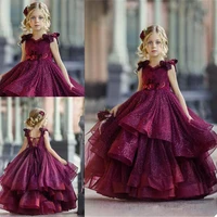 new burgundy lovely flower girls dresses lace appliques kids formal wear backless 3d flowers birthday toddler girls pageant gown