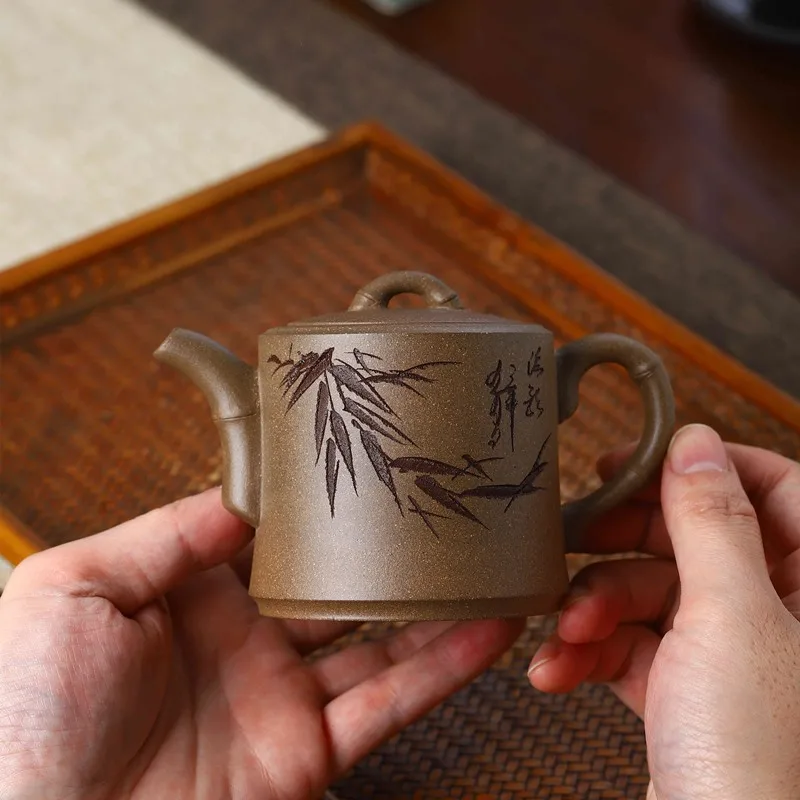 

★Yixing recommended manufacturers selling 】 undressed ore its period of mud all hand carved bamboo cup pot teapot tea set