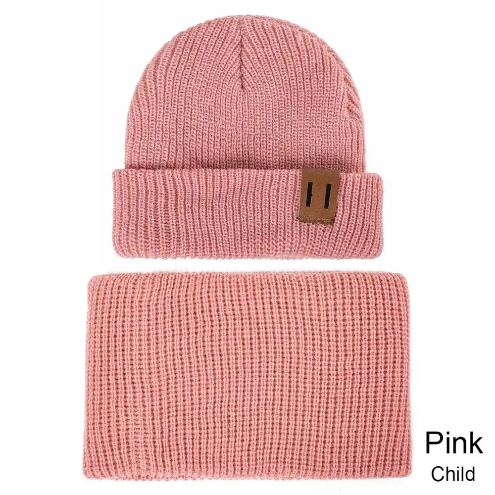 pink Child Модная женская шапка и шарф для детей, вязаная зимняя шапка, шарф для детей, колпачок, девочка-мальчик, одноцветные шапки с логотипом - Цвет: pink Child