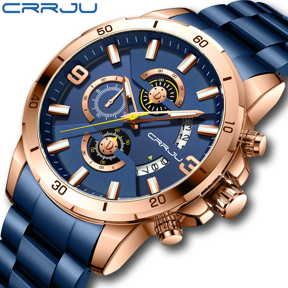 

CRRJU Brand Newest Luxury and Exquisite Men Luminous Chronograph Calendar Stainless Steel Bracelet Watch Fashion Outdoor Sports