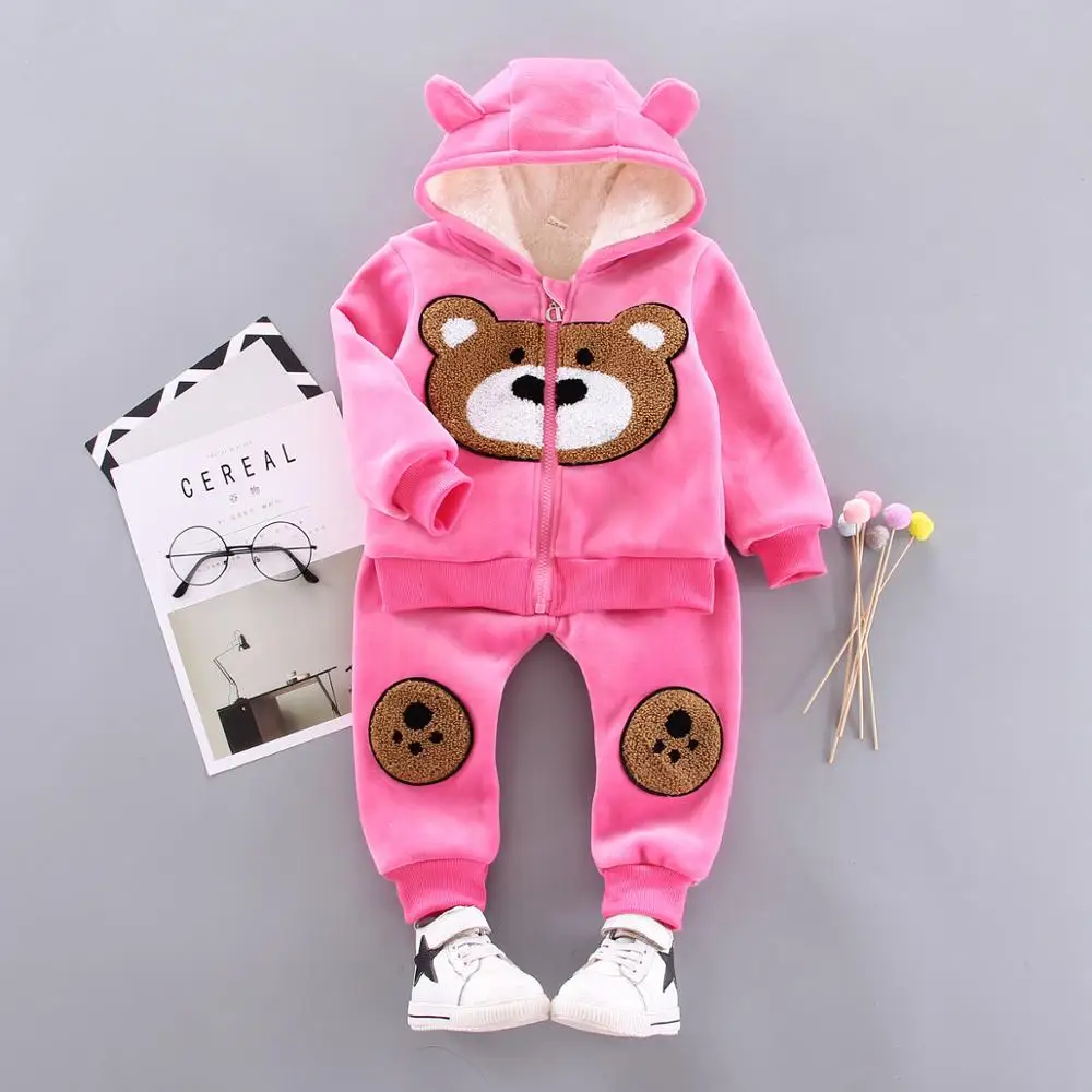 pink Комплекты одежды для девочек с Минни и Микки зимний теплый комплект одежды для девочек, куртка+ футболка+ штаны, 3 предмета, детская одежда утепленный бархатный костюм для девочек - Цвет: pink