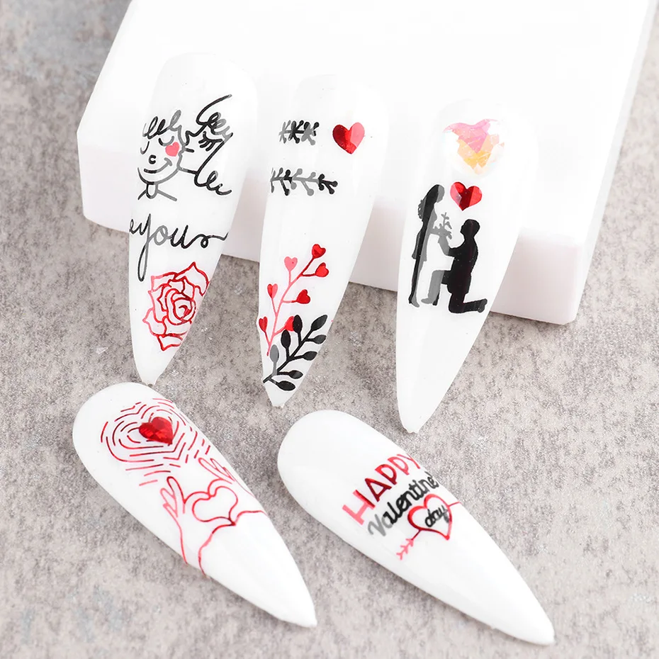 

2021 New 3D Romantic Valentines Day Nails Love Rose Leopard Flower Laser Nail Sticker Decals Nail Design for Adhesive Wraps