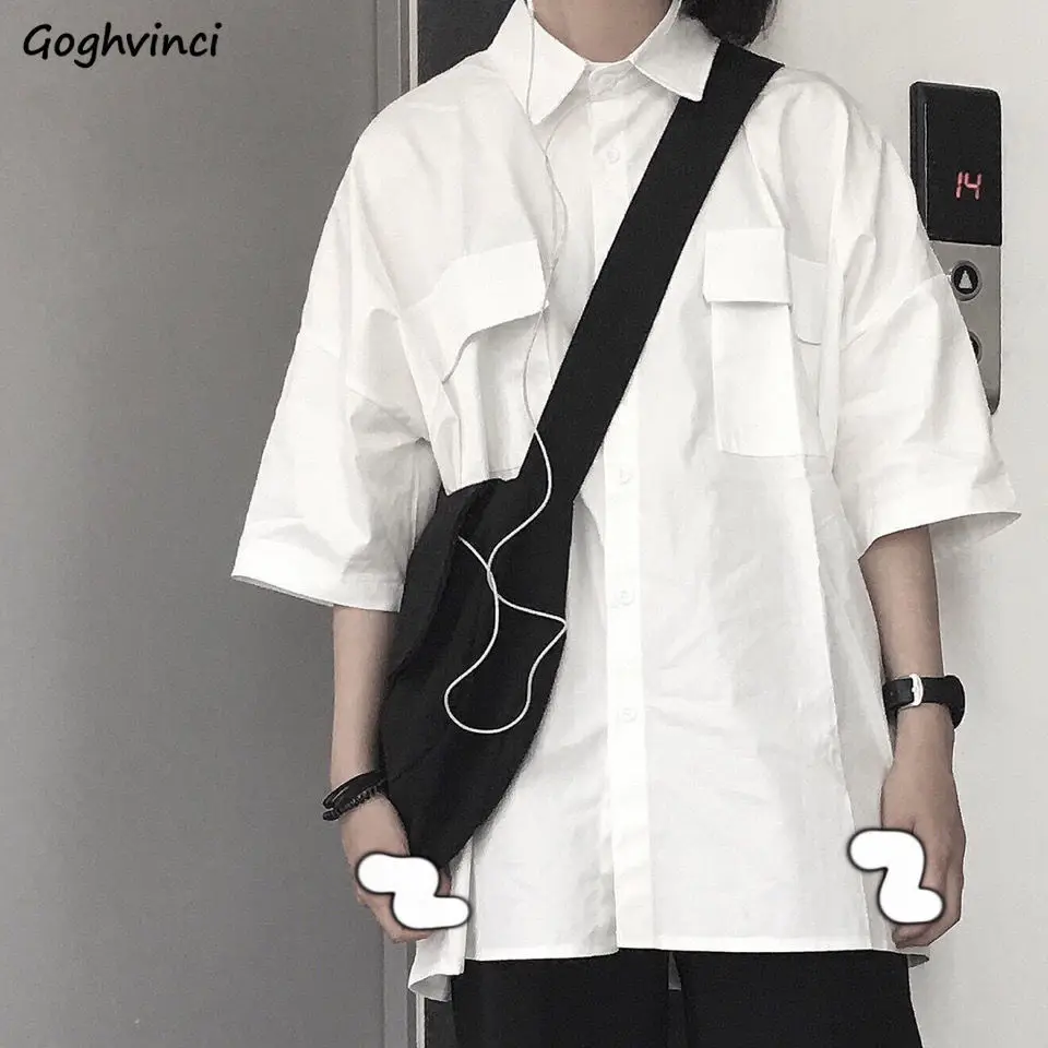 

Blouses Women Shirts Short Sleeve Summer White Shirt Pockets Harajuku Loose Leisure Retro Streetwear Womens Korean Simple Chic
