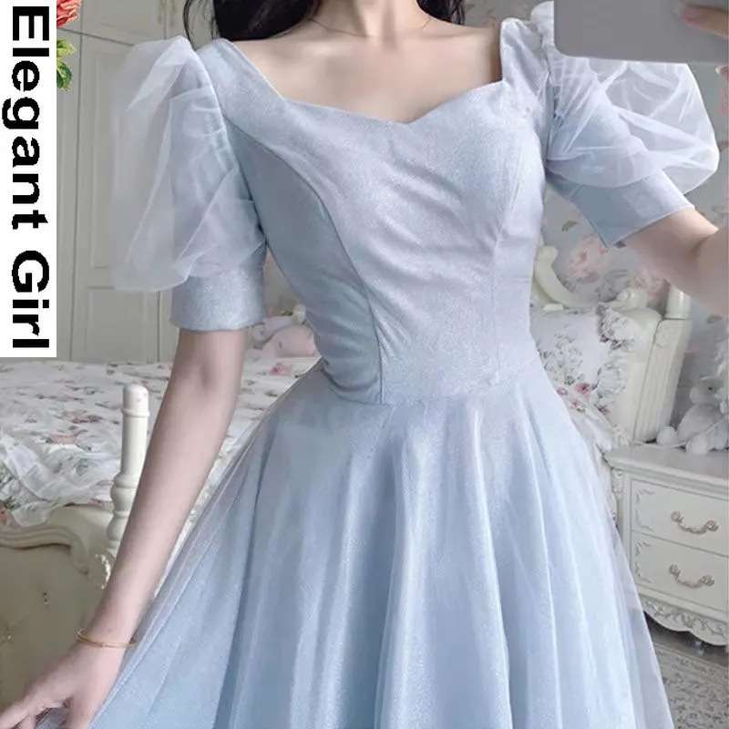 

2021 Summer Party Fairy Dress French Vintage Midi Dress Women Puffer Sleeve Square Collor Office Elegant Dress Female