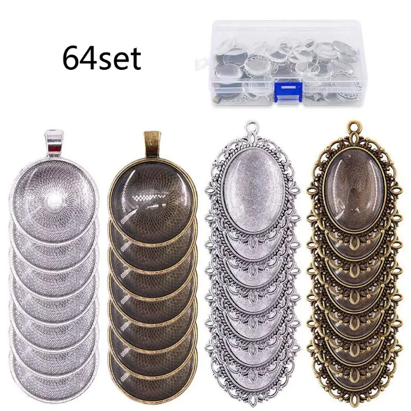 

Овальный Круглый Подвесной лоток 64 шт., рамка со стеклянным кабошоном, купольная плитка, изготовление ювелирных изделий