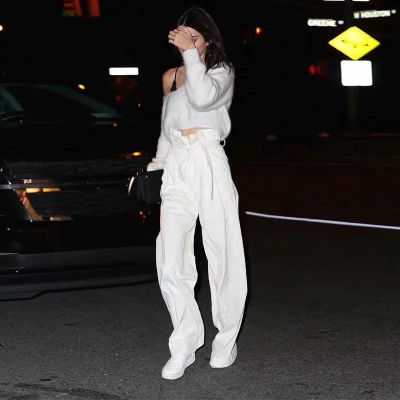 Kendall Jenner одинаковый стиль осенние женские повседневные брюки прямой максимальной длины модные высокие эластичный пояс галстук брюки белые брюки