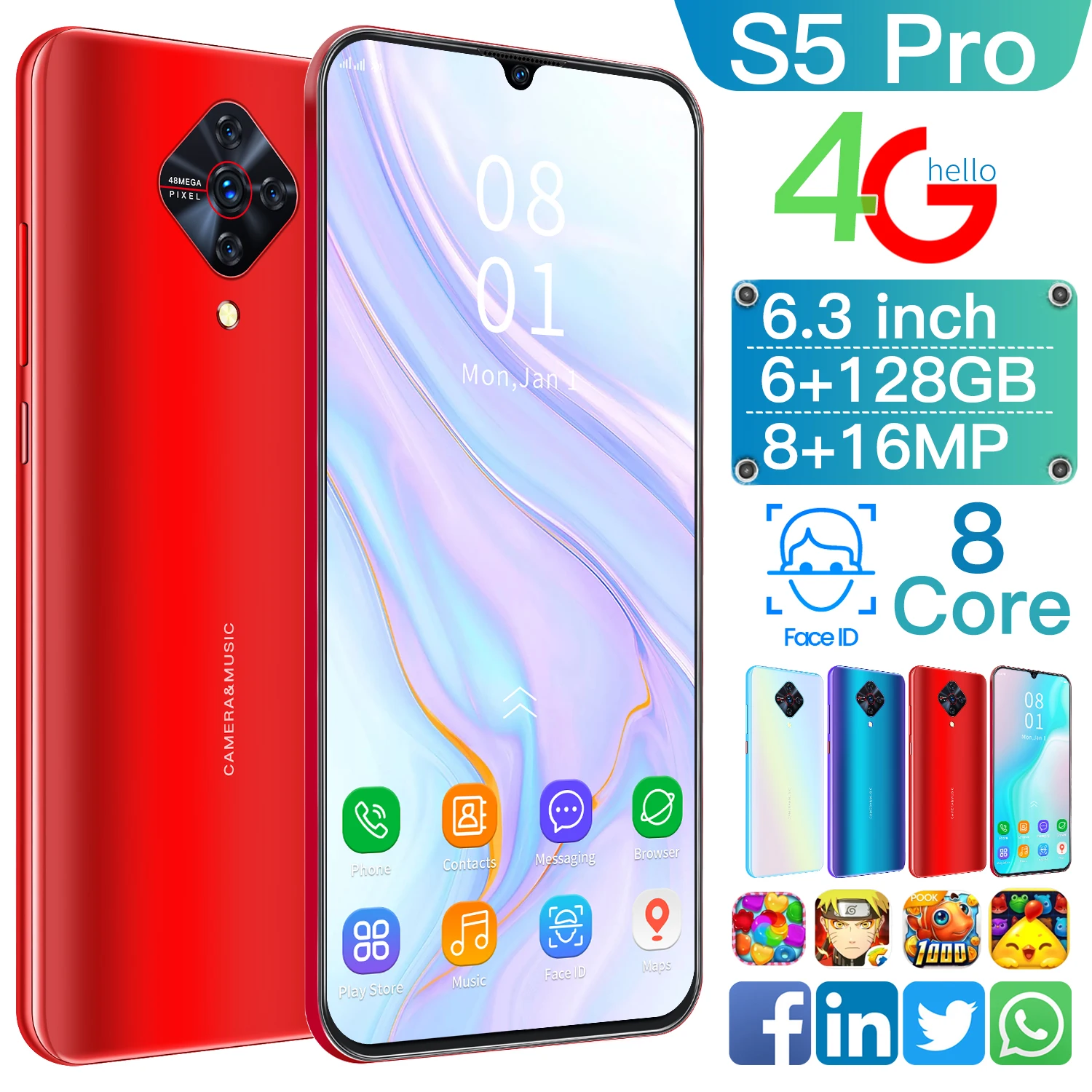 

Global Version S5 Pro Smartphone 6 128GB 6.3inch HD Full Screen Android 9.1 4G LTESIM Card Fingerprint Facial ID Unlock Telefone
