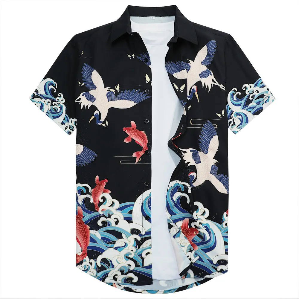 Рубашка мужская с коротким рукавом гавайская пляжная одежда 3D принтом журавлей в