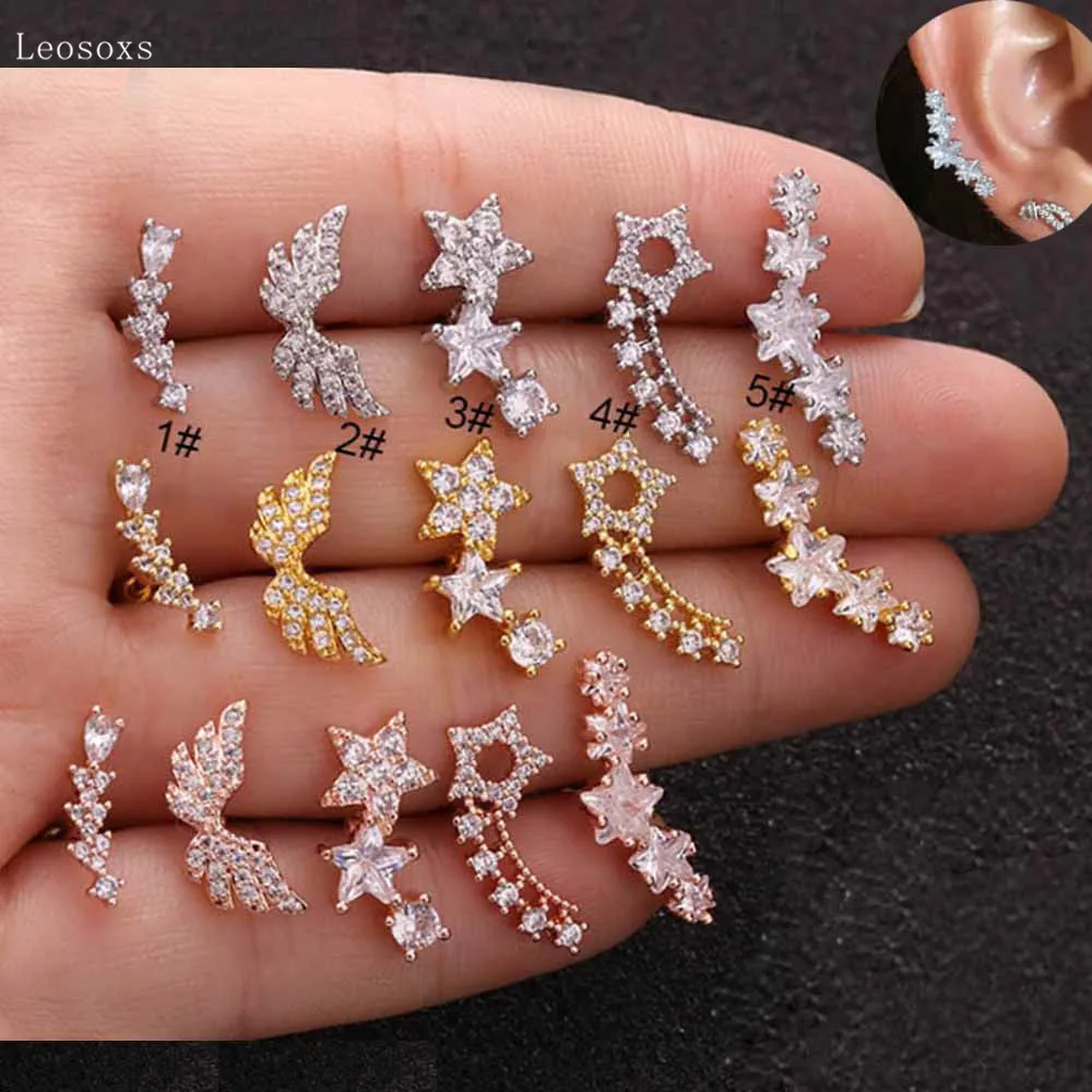 

Leosoxs 2pcs Korean Version of The New Product Zircon Wings Leaf Thin Rod Earrings Human Body Piercing Jewelry