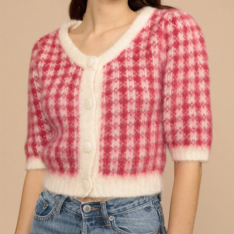 

Women Single Breasted Mohair Sweater Short Sleeve Plaid Vintage Female Knitted Cardigan 2021 Spring Summer
