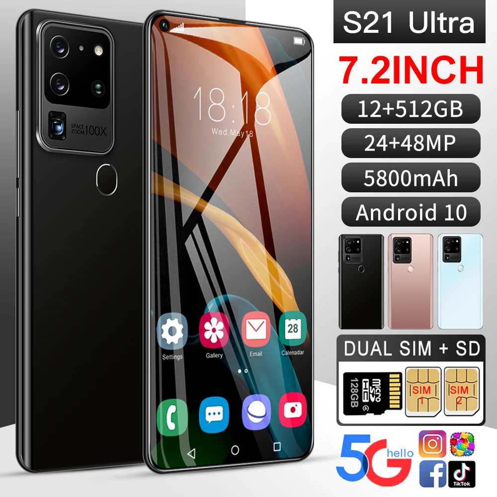 

Global Version Smartphone Galxy S21Ultra 7.2Inch 12GB+512GB Android10 Deca Core 5G 5800mah 24MP+48MP MTK6899 Telephone Celulares