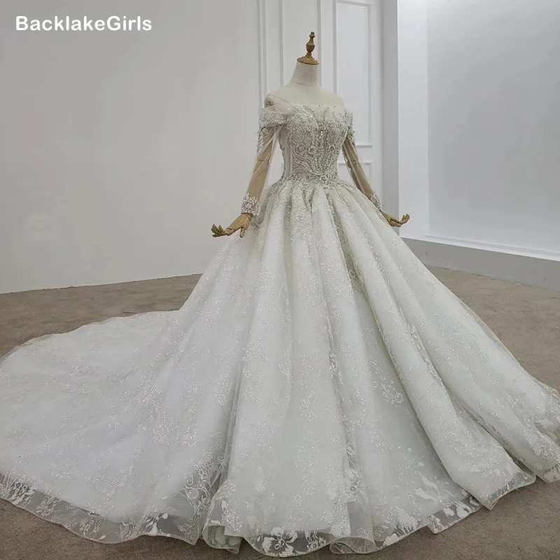 Роскошные свадебные платья принцессы с длинным рукавом Украшенные бусинами