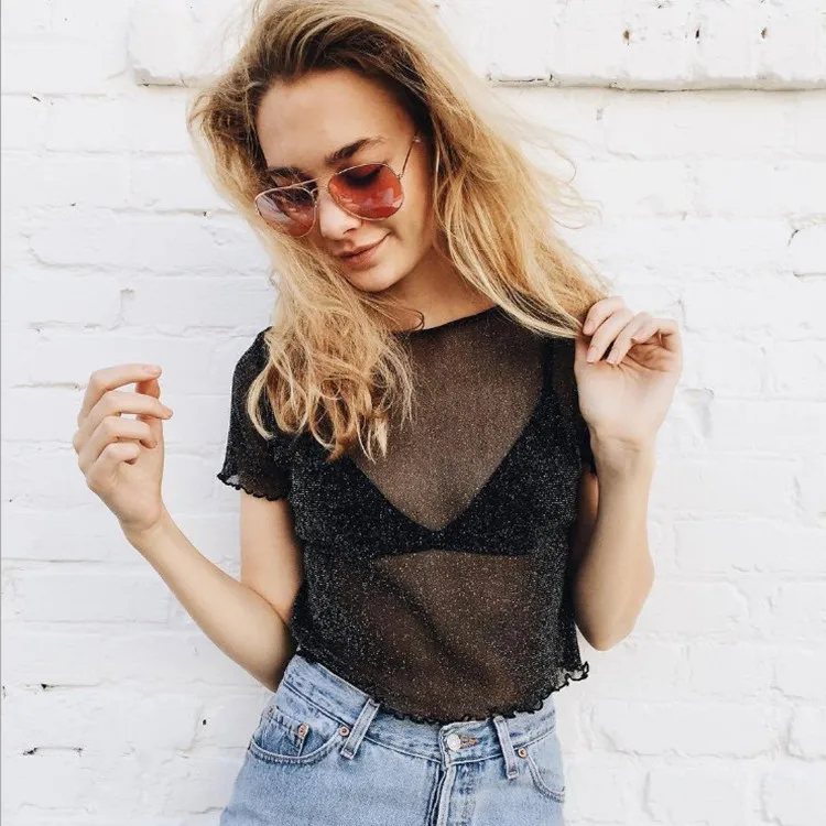 

Summer Knitted Mesh Tops Sexy Women Tops Transparent O Neck Fashion Women Top Short Sleeve tshirt