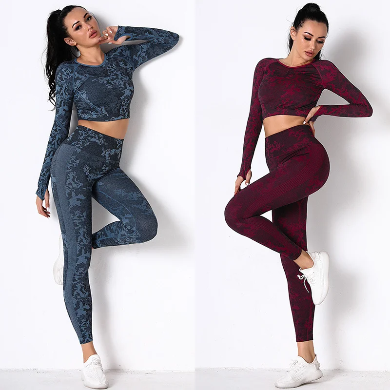 

New Tie Dyeing Seamless Yoga Set Gym Fitness Two Piece Set Women Clothing Yoga Top Long Sleeve Workout Leggings Sportswear