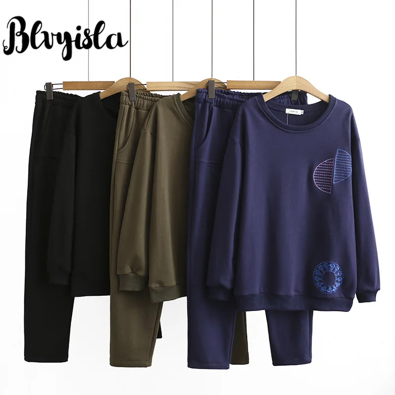 

Asia 4XL 92cm Ankle Length Two Piece Women Set Cotton Embroidered Sweatsuits Plus Size Sportwear Cosy Tracksuits 160cm Height