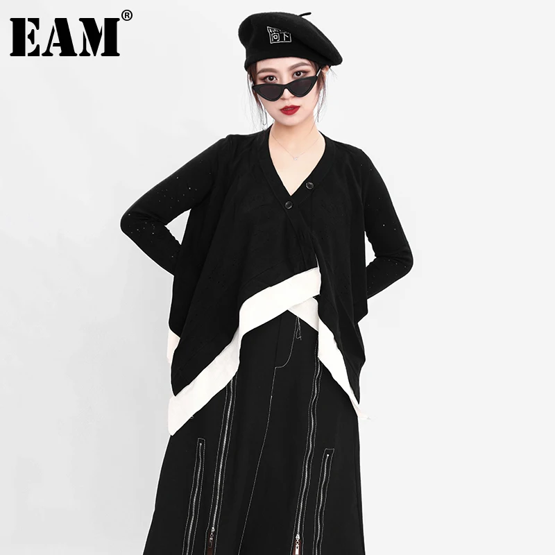 

[EAM] Loose Fit Black Color-block Burr Casual Jacket New V-collar Long Sleeve Women Coat Fashion Spring Autumn 2021 JE81201M