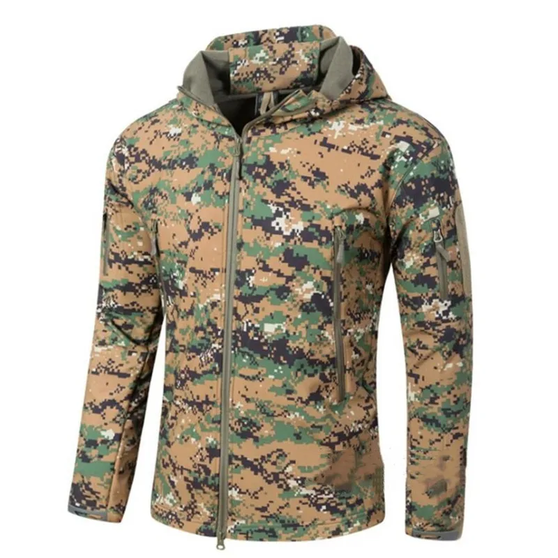 Men's Military Camouflage Fleece Tactical Jacket Outdoor Shark Skin Soft Shell Waterproof Windbreaker Hooded Coat Hunt Clothes