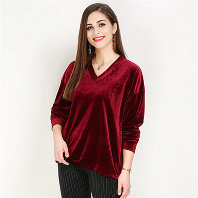 

Autumn Winter Solid Velvet Women Loose Tops V-Neck Shirts Comfortable Pullover ropa de mujer