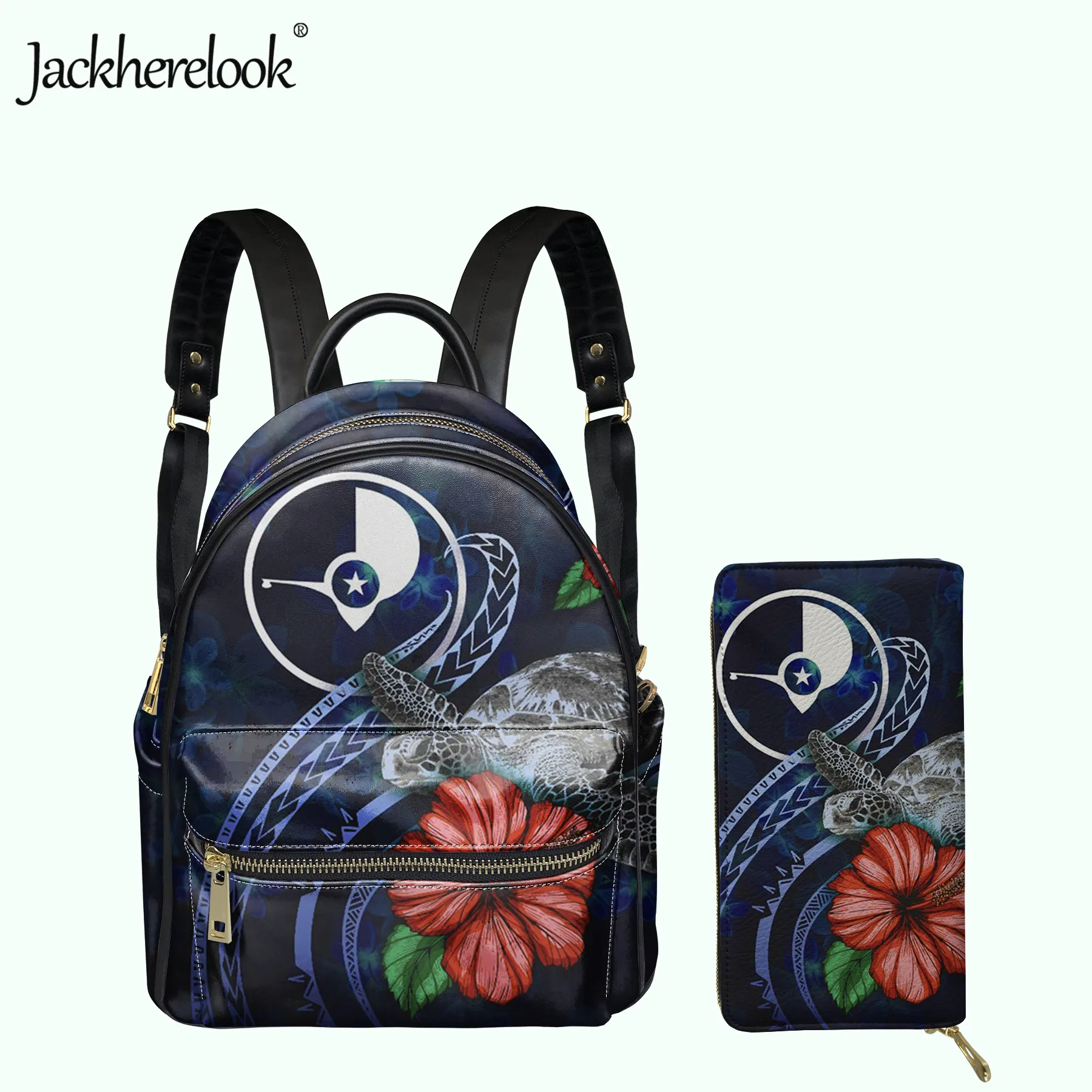 

Jackherelook Yap Polynesian Sea Turtle Hibiscus Design Mini PU Backpack Wallet 2pcs/Set for Women Girls Small Campus Schoolbag