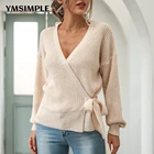 Повседневный женский свитер, сезон осень-зима 2022, туника с V-образным вырезом, вязаный пуловер с поясом, топ Y2K, женские теплые трикотажные изделия абрикосового цвета с длинным рукавом