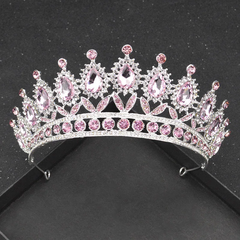 silver Pink Новая Винтажная Серебряная диадема в стиле барокко для королевы невесты, розовые хрустальные короны, свадебные модные украшения для волос, свадебные аксессуары - Окраска металла: silver Pink