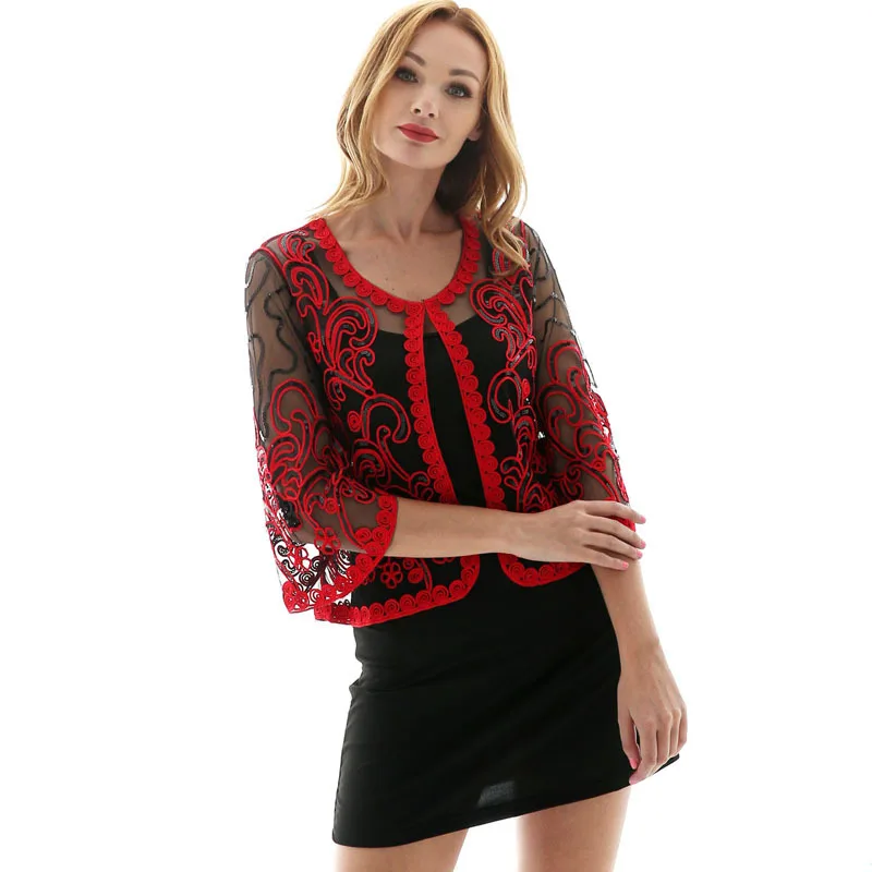 Retro Women Lace Sequins Stitching Embroidery Floral Cardigan Half Flare Sleeve V Neck Sheer Caple Coat Over Size