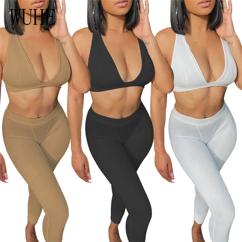 

KEXU Two Piece Set Women Nightclub Sleeveless V-Neck Fitness Elastic Crop Top and Pencil Long Pants Summer Sports Suit