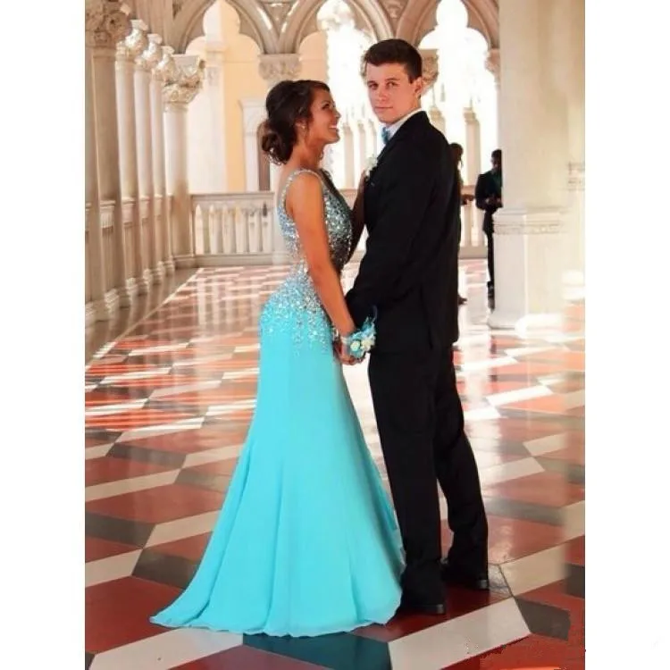 Высококачественное сексуальное синее вечернее платье без рукавов с v-образным