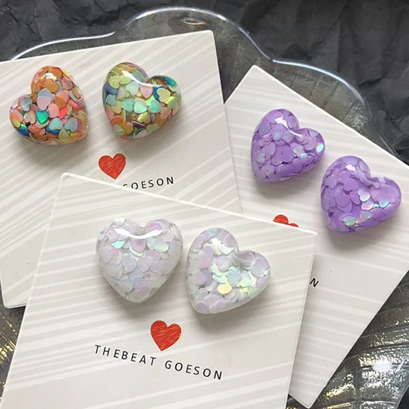 

New Korean Cute Heart Stud Earrings For Women Girls Lovely Colorful Purple White Heart Sequins Earrings Fashion Party Jewelry