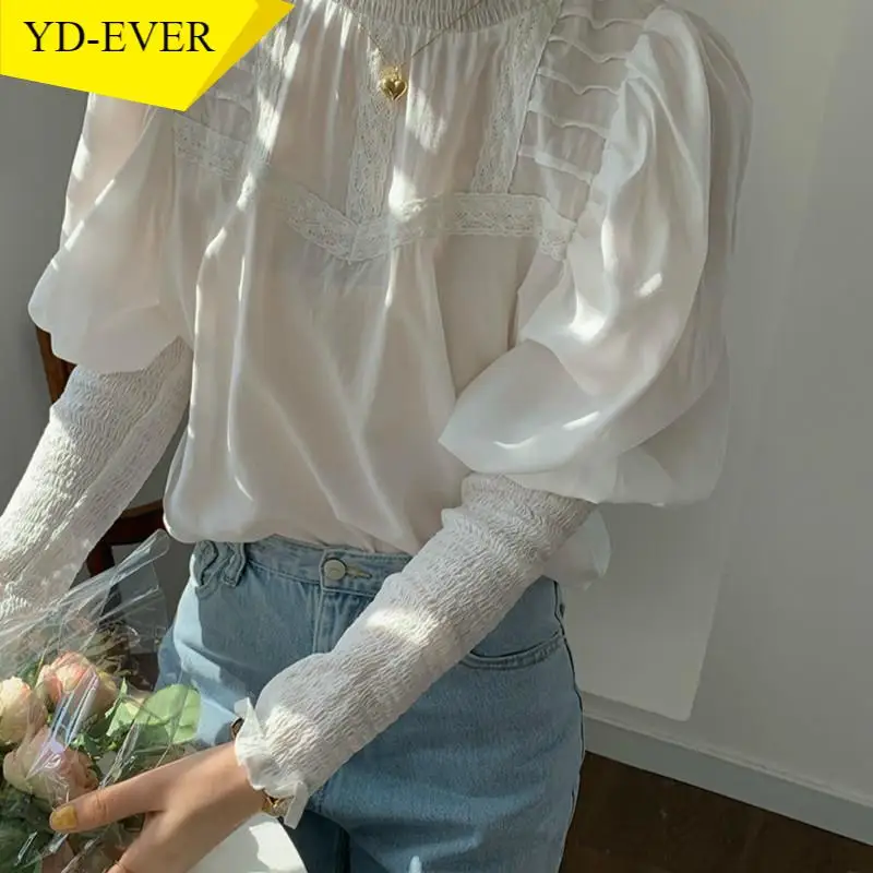 Woherb милые рубашки со стоячим воротником кружевными оборками Лоскутная Свободная