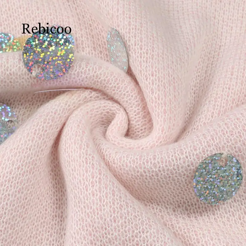

2019 new pink girl round neck wool mohair sweater stitching glitter sequins sweater women
