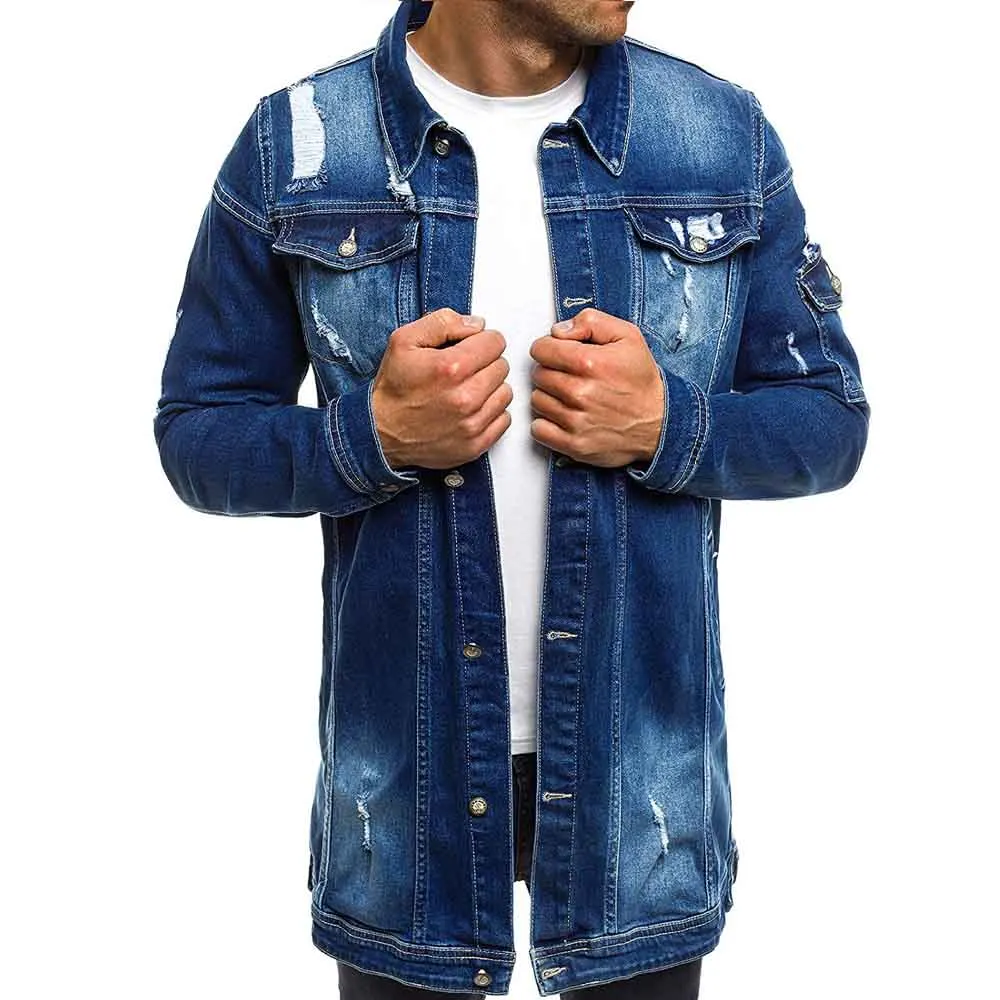 E-BAIHUI 2020 Fashion Mens Long Denim Jackets Coats Ripped Distressed Slim fit Jeans Casual Jean Jacket Coat for Male | Мужская одежда
