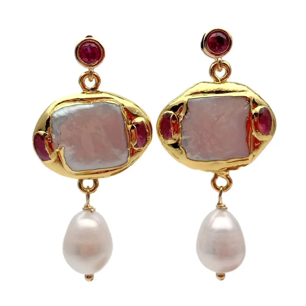 

Y.YING Freshwater Cultured White Square Pearl Rice Pearl Dangle Stud Earrings