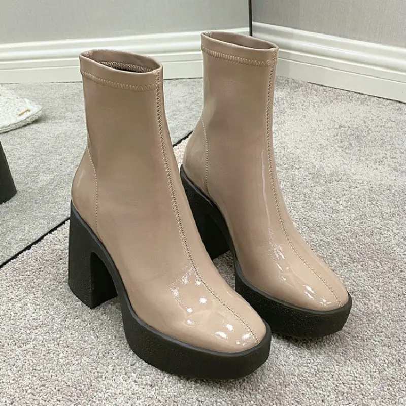 

Sianie Tianie 2021 Spring Microfiber Stretch Fabric Booties Platform Block High Heels Slip-on Olive Womens Luxury Ankle Boots