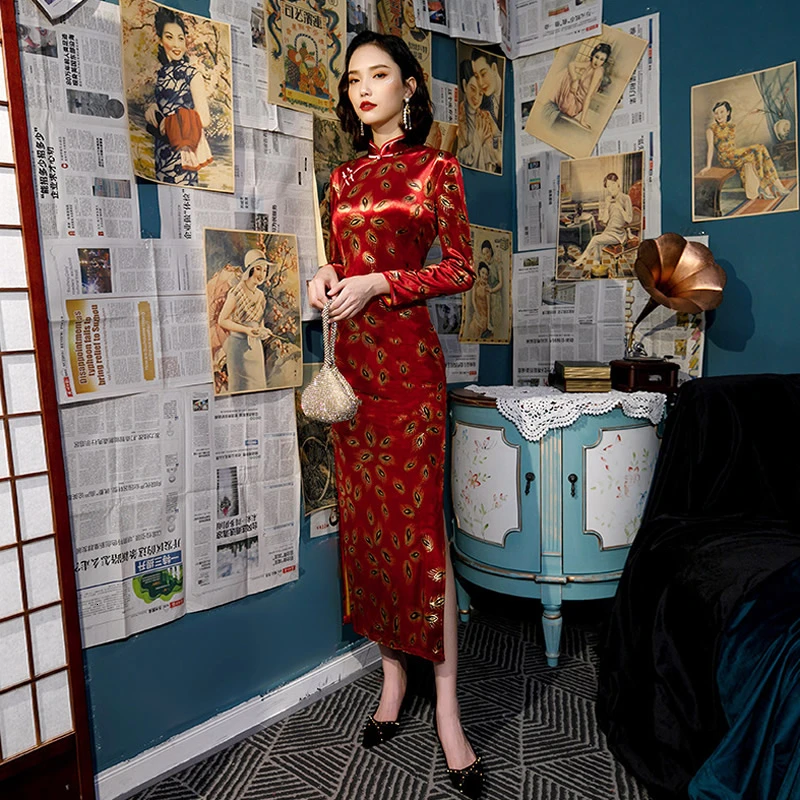 Бархат Cheongsam свекрови Свадьба мама Ципао китайское традиционное платье вечернее