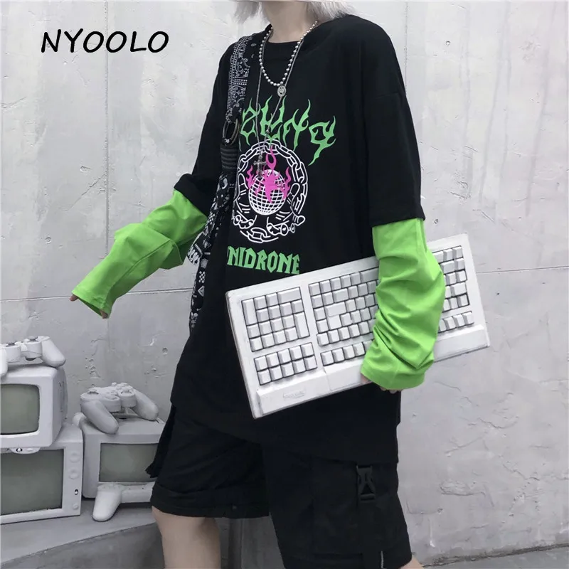 NYOOLO Harajuku флуоресцентный зеленый принт с буквами Поддельные 2 шт. Лоскутная футболка Осенняя уличная футболка с длинными рукавами для женщин и мужчин Топ