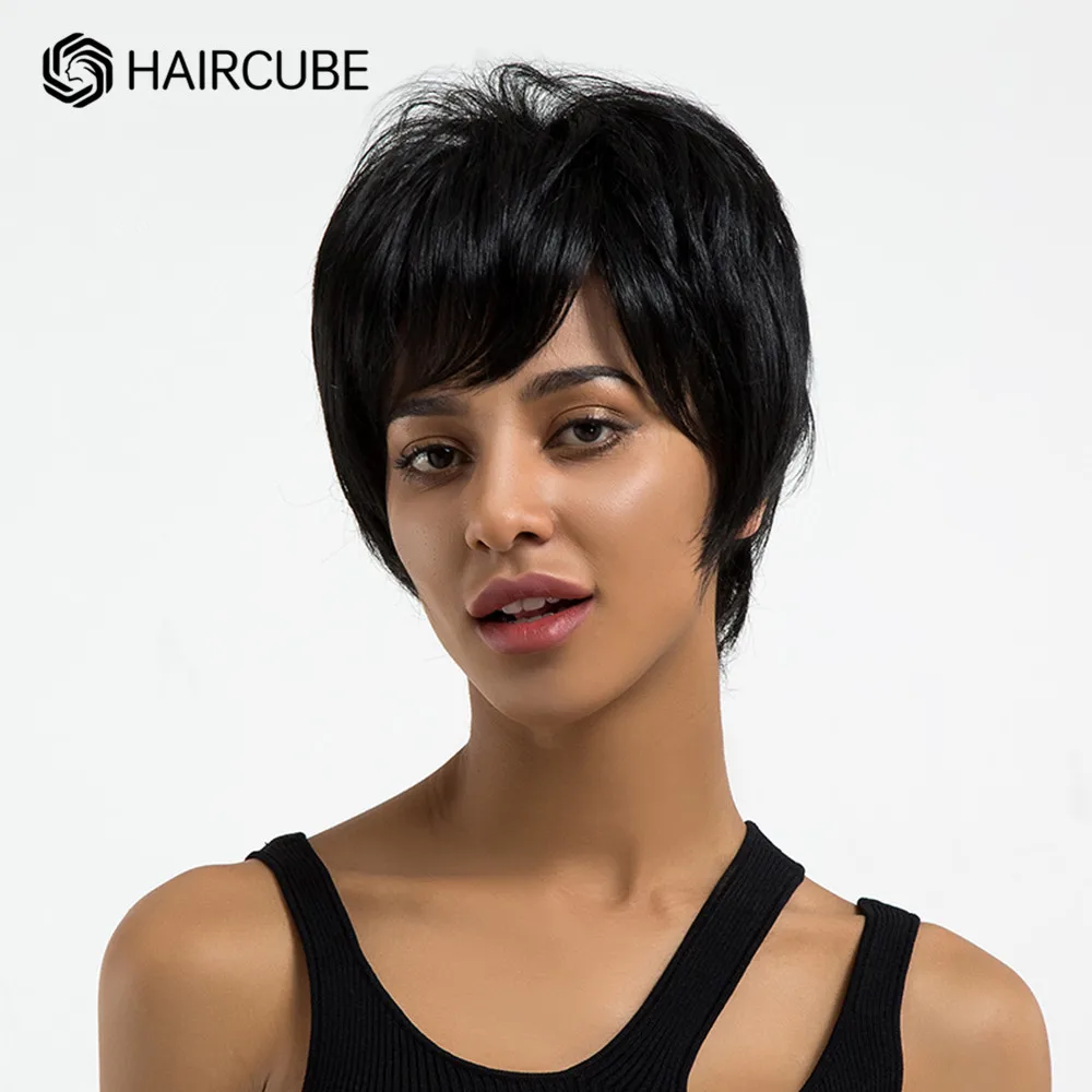 

HAIRCUBE короткие прямые парики, синтетический парик Huamn для женщин, натуральный черный пышный парик, Термостойкое волокно для ежедневного испо...