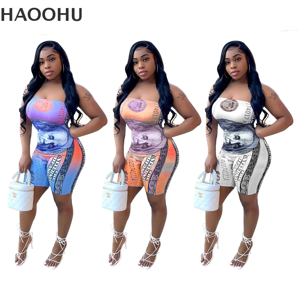 

HAOOHU Cross-border Foreign Trade Women's summer New Style Fashion Casual US Dollar Printed Slim-fit Chest-wrapped Jumpsuit