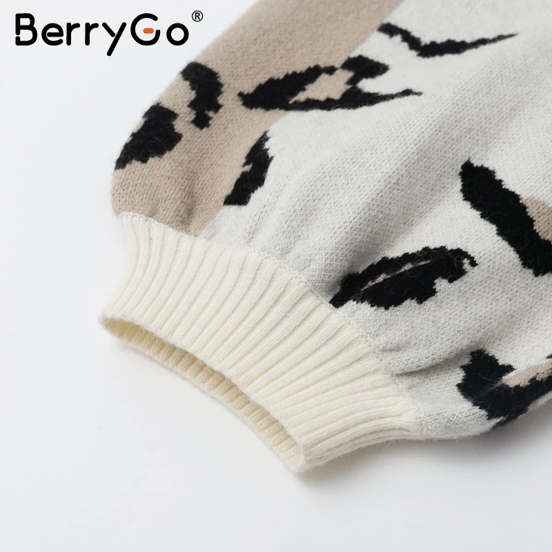BerryGo Leopard print knitted sweater women Autumn winter female casual pullover V neck lantern sleeve streetwear ladies jumpers | Женская