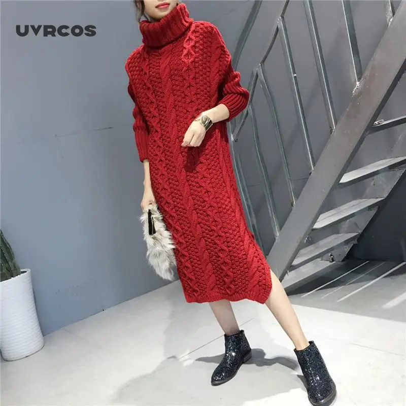 

UVRCOS Turtleneck Warm Long Sweater Women Long Sleeve Knitted Pullover Autumn Winter Loose Tunic Casual 4 Colors Dresses
