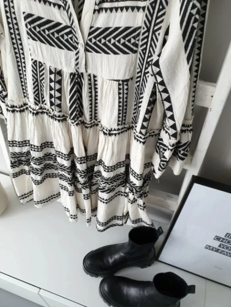 

Autumn Women Dresses Summer Casual Loose Long Sleeve Ruffle V Neck Striped Print Bohemain Beach Party Mini Dress Femme Vestidos