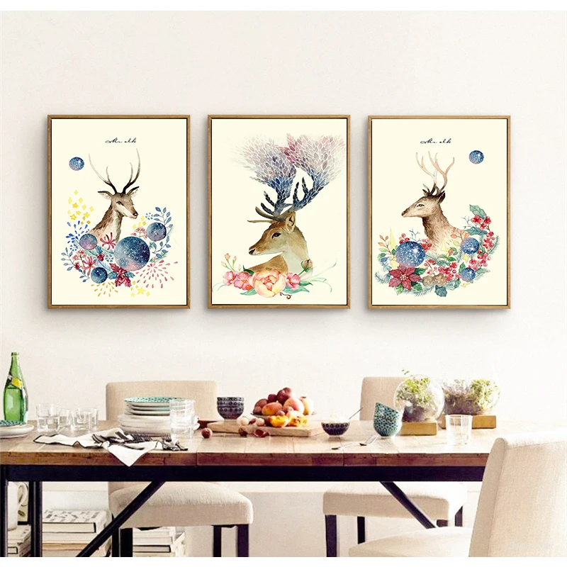Современная акварель Сика олень и Северный цветок принты на холсте настенное
