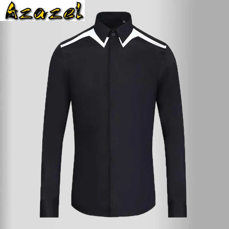 

Azazel Simple Mens Shirts Luxury Black White Shoulder Splice Long Sleeve Casual Mens Dress Shirts Fashion Slim Fit Male Shirts