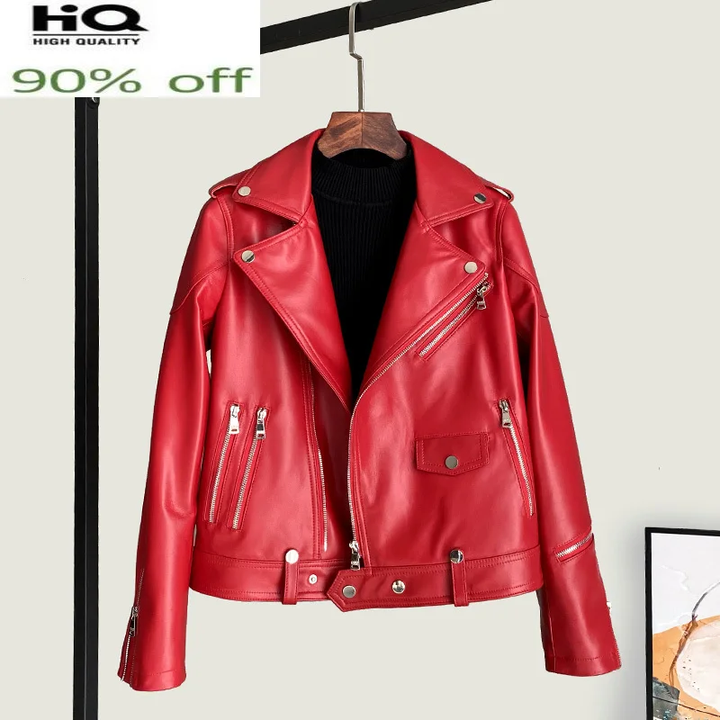 High Quality Women's Leather Jacket 100% Sheepskin Coat Female Biker Jackets for Women Spring Autumn 2022 Veste Femme Pph4699